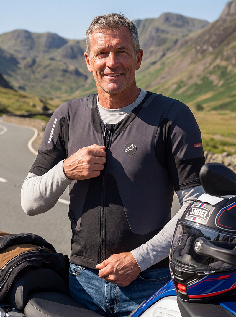 Man zipping up Alpinestars Tech Air 5 Plasma airbag vest